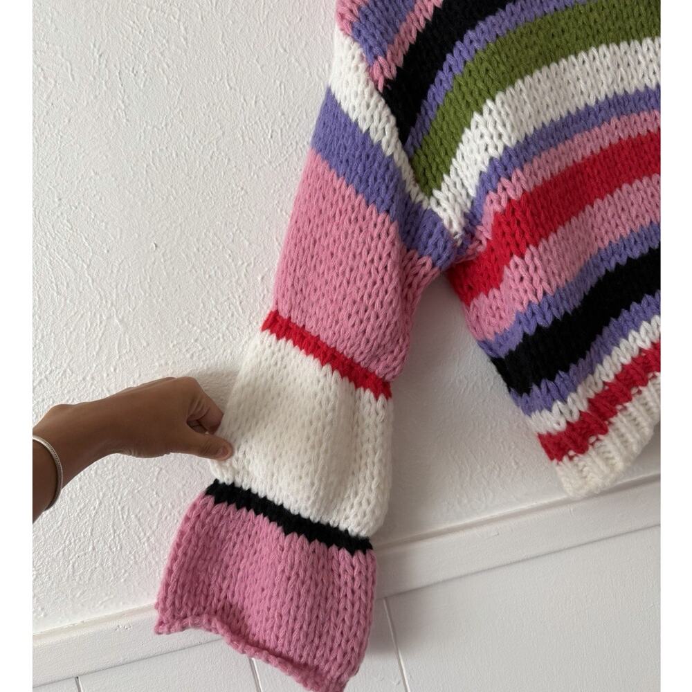 BiBi Sweater M Chunky Knit Striped Bell Sleeve Crop Pullover Colorful Boho NWT - Picture 5 of 9